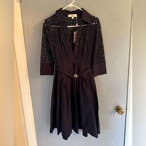 Elegant Navy Lace Sleeve Dress